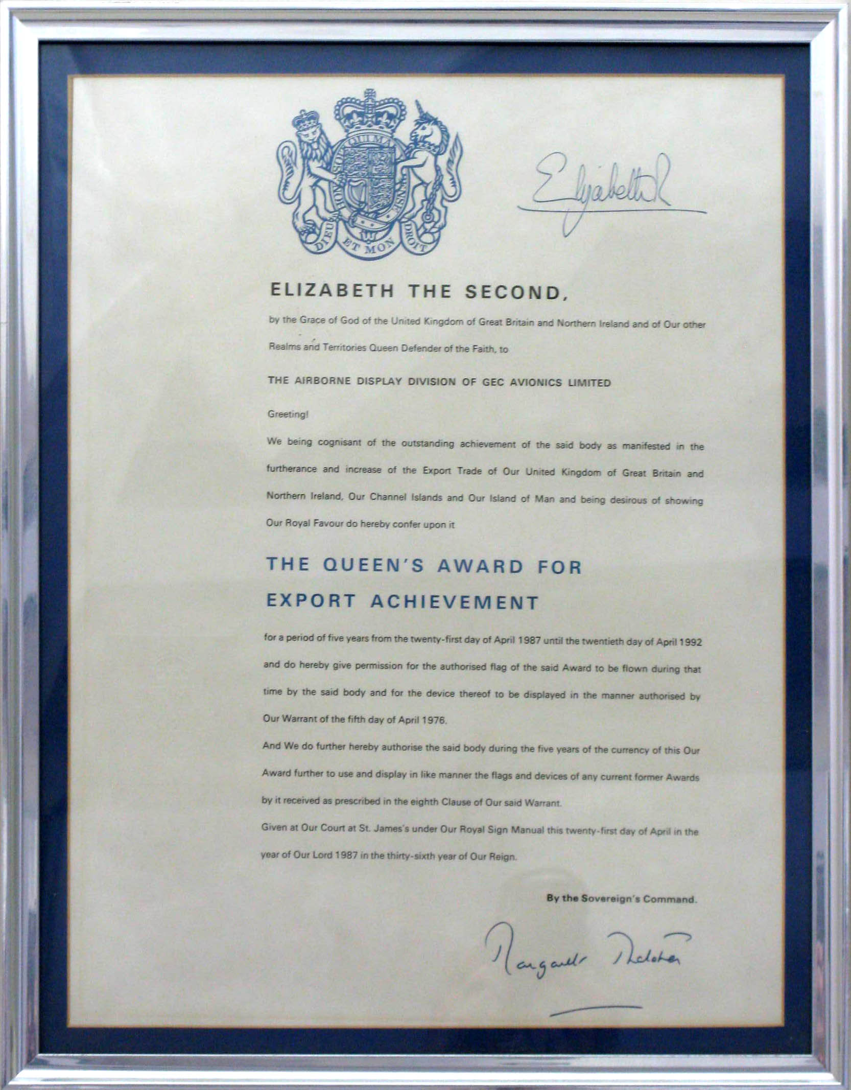 Queen's Award for Export 1987